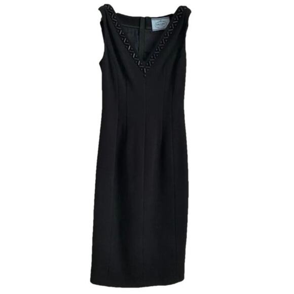 Prada Women's Black Sleeveless Beaded V Neck Sheath Dress Stretch Cocktail Wool - Picture 1 of 8